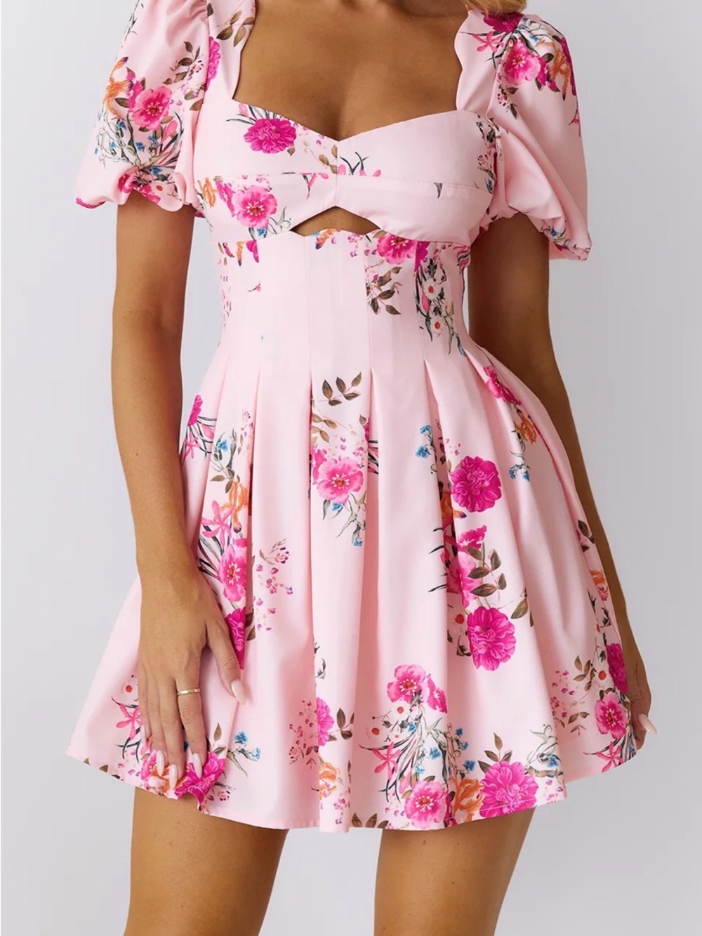 Hello Molly Pink Floral Puff-Sleeve Mini Dress Medium